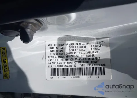 2014 Honda Accord Ex-L z USA, uszkodzony, nr VIN 1HGCR2F8XEA019850